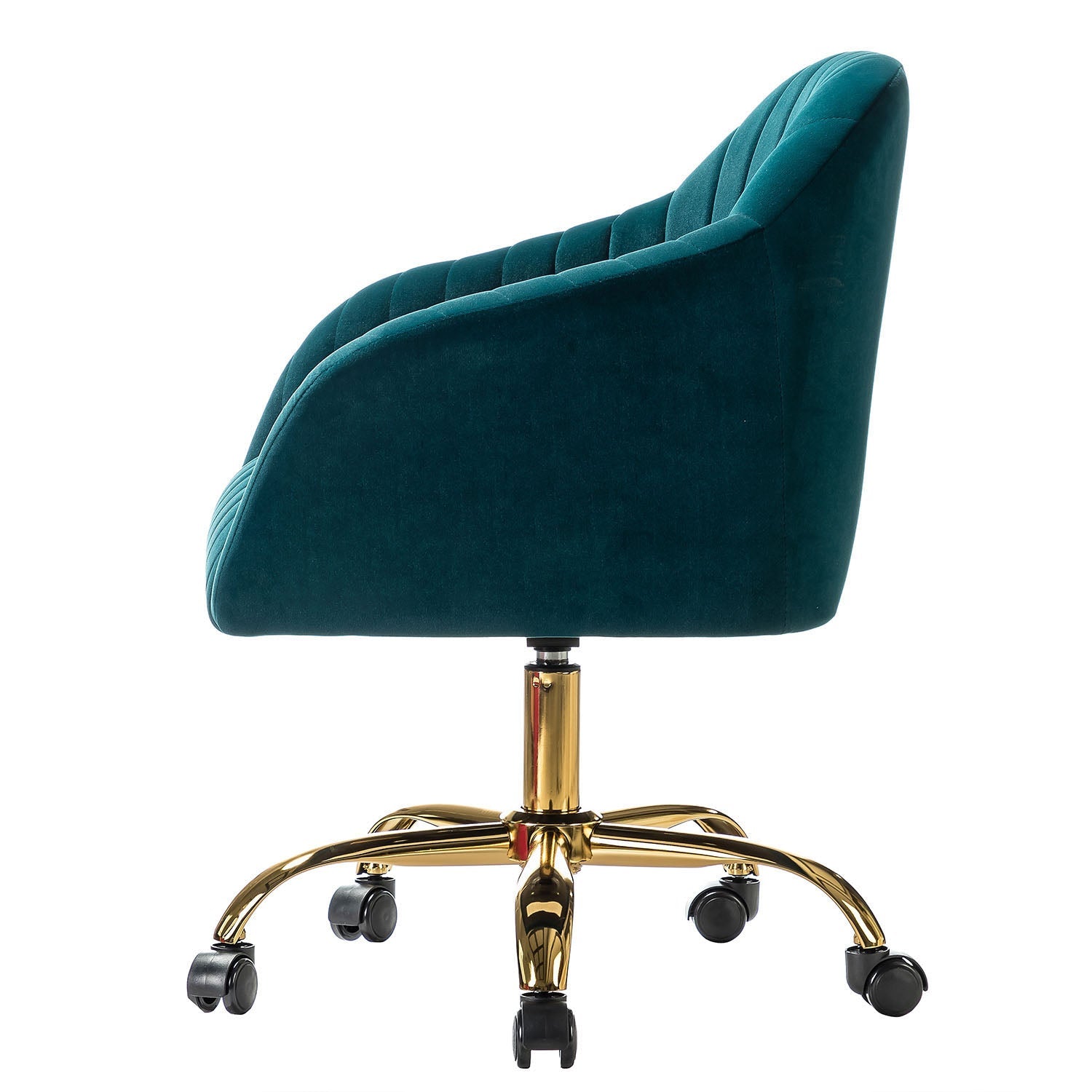 Chaise de bureau en velours matelassé avec dossier ouvert, hauteur réglable et base en métal doré à 5 branches | sarcelle / rose / havane / vert / noir / bleu / violet / gris / ivoire / marine / fuchsia | siège unique