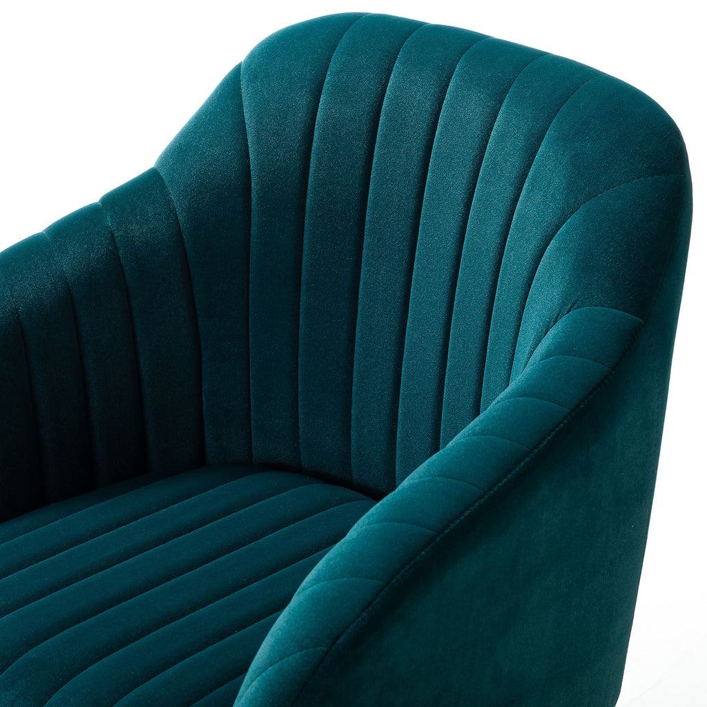 Chaise de bureau en velours matelassé avec dossier ouvert, hauteur réglable et base en métal doré à 5 branches | sarcelle / rose / havane / vert / noir / bleu / violet / gris / ivoire / marine / fuchsia | siège unique