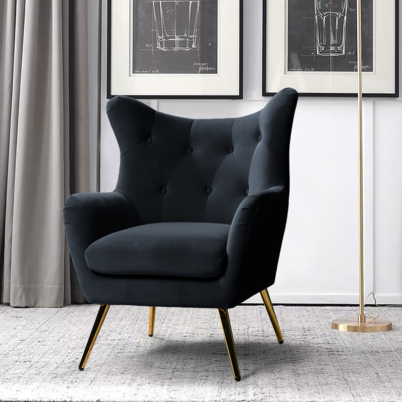 Fauteuil à oreilles en velours capitonné avec accoudoirs évasés, rembourrage en mousse et pieds en métal doré | Bleu marine / Orange / Moutarde / Sarcelle / Noir / Ivoire / Vert / Havane / Sauge / Bleu / Fuchsia | Siège unique