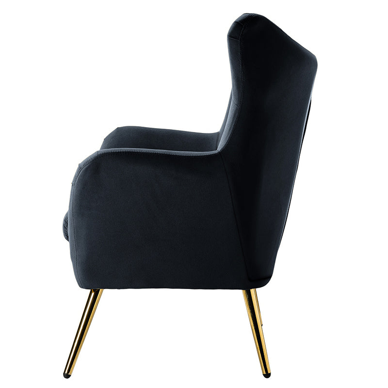 Fauteuil à oreilles en velours capitonné avec accoudoirs évasés, rembourrage en mousse et pieds en métal doré | Bleu marine / Orange / Moutarde / Sarcelle / Noir / Ivoire / Vert / Havane / Sauge / Bleu / Fuchsia | Siège unique