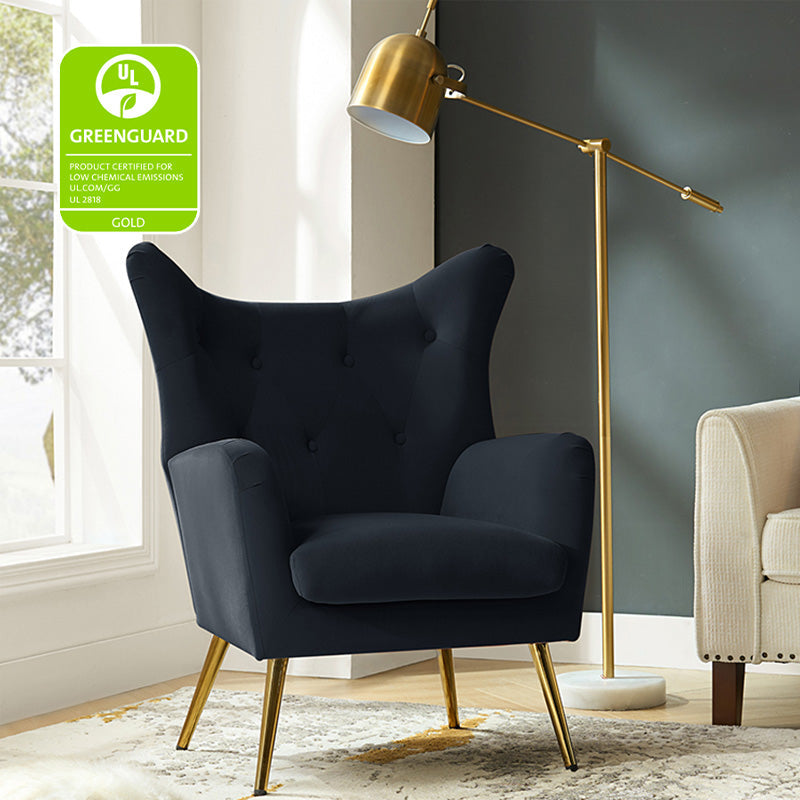 Fauteuil à oreilles en velours capitonné avec accoudoirs évasés, rembourrage en mousse et pieds en métal doré | Bleu marine / Orange / Moutarde / Sarcelle / Noir / Ivoire / Vert / Havane / Sauge / Bleu / Fuchsia | Siège unique