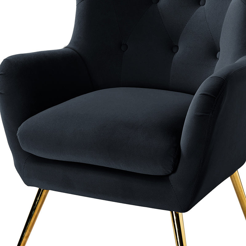 Fauteuil à oreilles en velours capitonné avec accoudoirs évasés, rembourrage en mousse et pieds en métal doré | Bleu marine / Orange / Moutarde / Sarcelle / Noir / Ivoire / Vert / Havane / Sauge / Bleu / Fuchsia | Siège unique