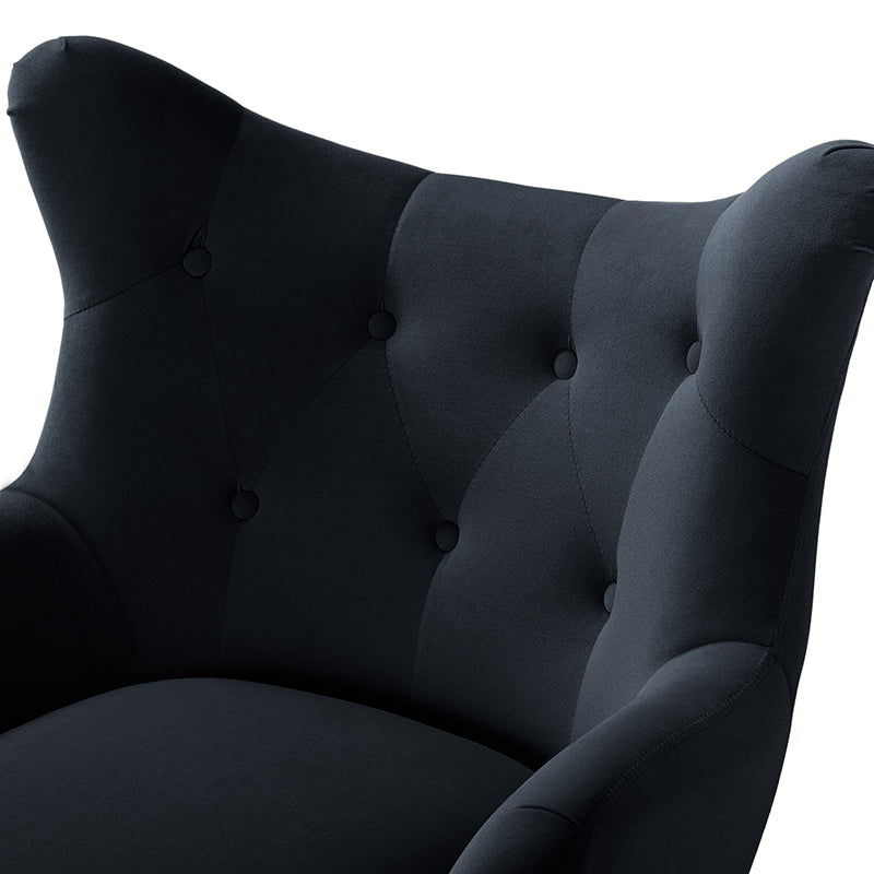 Fauteuil à oreilles en velours capitonné avec accoudoirs évasés, rembourrage en mousse et pieds en métal doré | Bleu marine / Orange / Moutarde / Sarcelle / Noir / Ivoire / Vert / Havane / Sauge / Bleu / Fuchsia | Siège unique