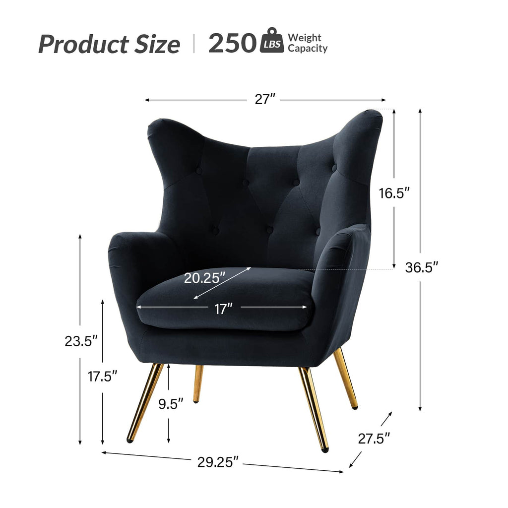 Fauteuil à oreilles en velours capitonné avec accoudoirs évasés, rembourrage en mousse et pieds en métal doré | Bleu marine / Orange / Moutarde / Sarcelle / Noir / Ivoire / Vert / Havane / Sauge / Bleu / Fuchsia | Siège unique