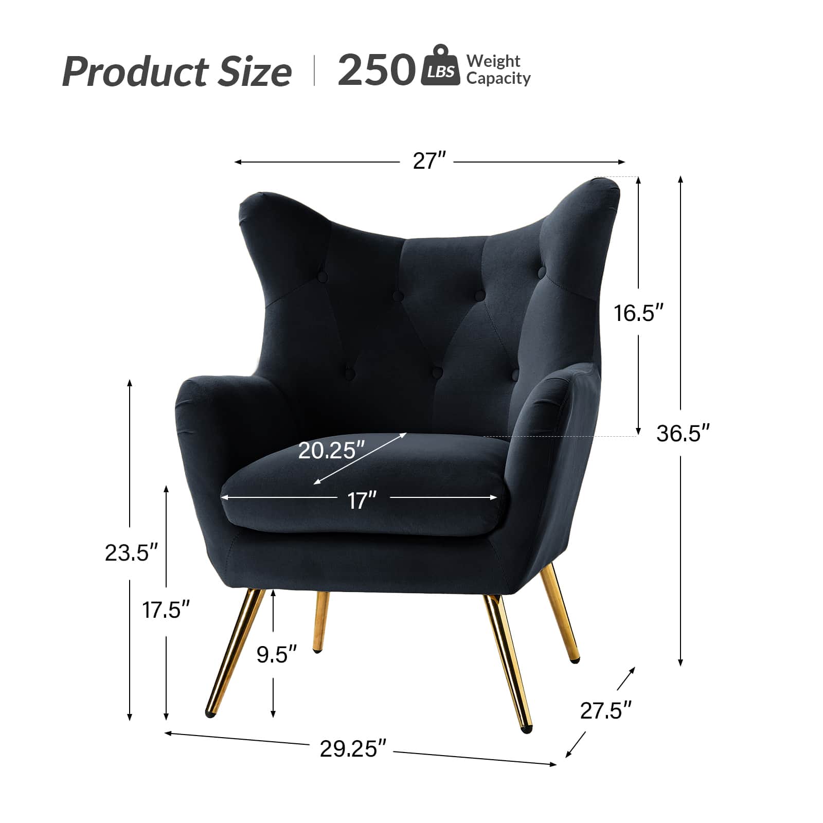 Fauteuil à oreilles en velours capitonné avec accoudoirs évasés, rembourrage en mousse et pieds en métal doré | Bleu marine / Orange / Moutarde / Sarcelle / Noir / Ivoire / Vert / Havane / Sauge / Bleu / Fuchsia | Siège unique