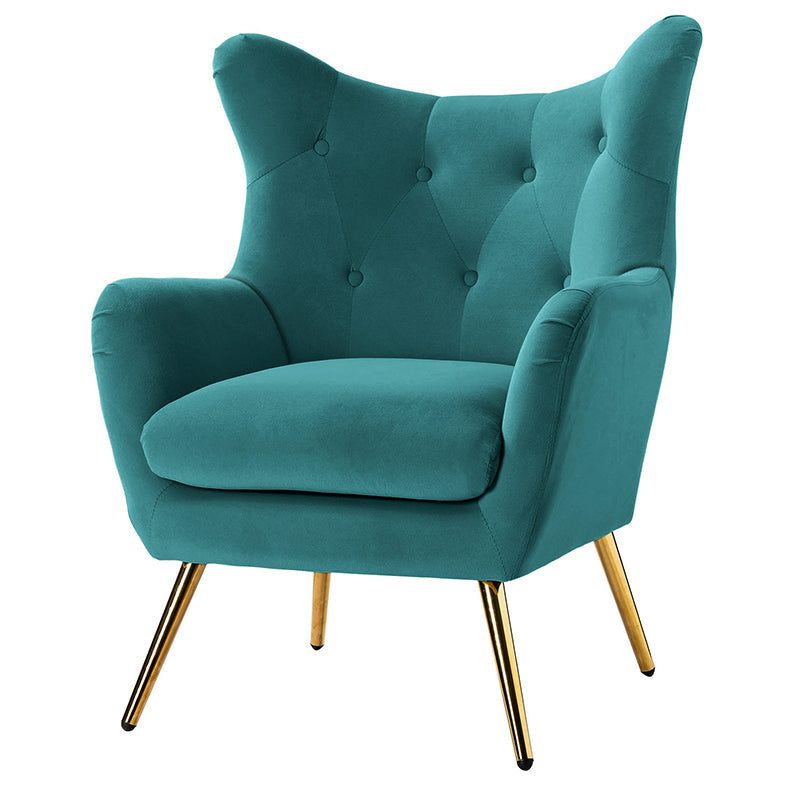 Fauteuil à oreilles en velours capitonné avec accoudoirs évasés, rembourrage en mousse et pieds en métal doré | Bleu marine / Orange / Moutarde / Sarcelle / Noir / Ivoire / Vert / Havane / Sauge / Bleu / Fuchsia | Siège unique