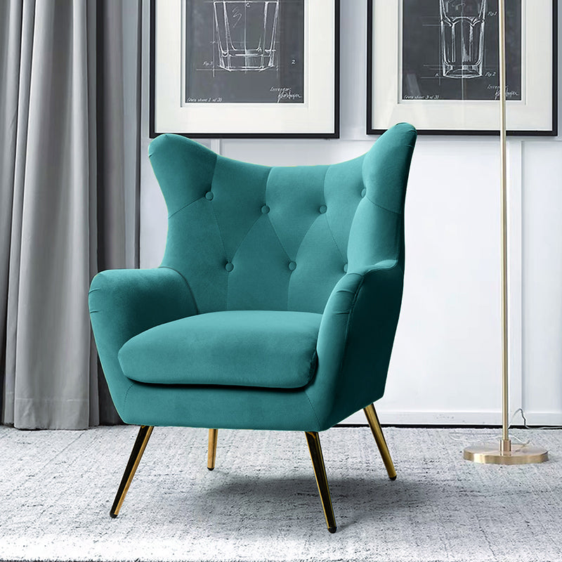 Fauteuil à oreilles en velours capitonné avec accoudoirs évasés, rembourrage en mousse et pieds en métal doré | Bleu marine / Orange / Moutarde / Sarcelle / Noir / Ivoire / Vert / Havane / Sauge / Bleu / Fuchsia | Siège unique