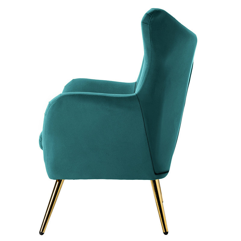 Fauteuil à oreilles en velours capitonné avec accoudoirs évasés, rembourrage en mousse et pieds en métal doré | Bleu marine / Orange / Moutarde / Sarcelle / Noir / Ivoire / Vert / Havane / Sauge / Bleu / Fuchsia | Siège unique