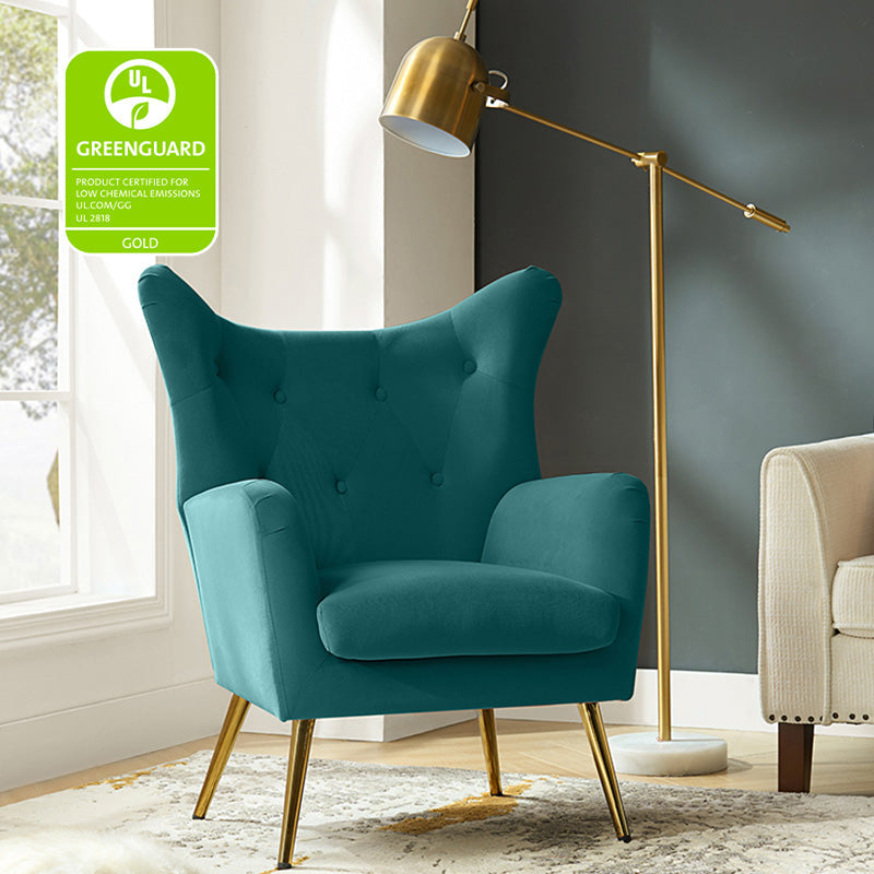 Fauteuil à oreilles en velours capitonné avec accoudoirs évasés, rembourrage en mousse et pieds en métal doré | Bleu marine / Orange / Moutarde / Sarcelle / Noir / Ivoire / Vert / Havane / Sauge / Bleu / Fuchsia | Siège unique