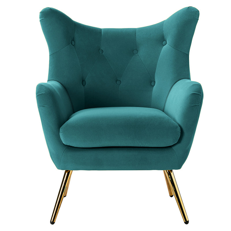 Fauteuil à oreilles en velours capitonné avec accoudoirs évasés, rembourrage en mousse et pieds en métal doré | Bleu marine / Orange / Moutarde / Sarcelle / Noir / Ivoire / Vert / Havane / Sauge / Bleu / Fuchsia | Siège unique