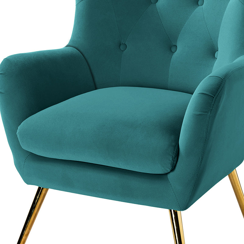 Fauteuil à oreilles en velours capitonné avec accoudoirs évasés, rembourrage en mousse et pieds en métal doré | Bleu marine / Orange / Moutarde / Sarcelle / Noir / Ivoire / Vert / Havane / Sauge / Bleu / Fuchsia | Siège unique