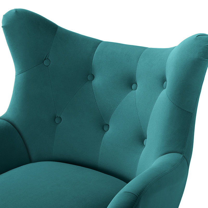 Fauteuil à oreilles en velours capitonné avec accoudoirs évasés, rembourrage en mousse et pieds en métal doré | Bleu marine / Orange / Moutarde / Sarcelle / Noir / Ivoire / Vert / Havane / Sauge / Bleu / Fuchsia | Siège unique