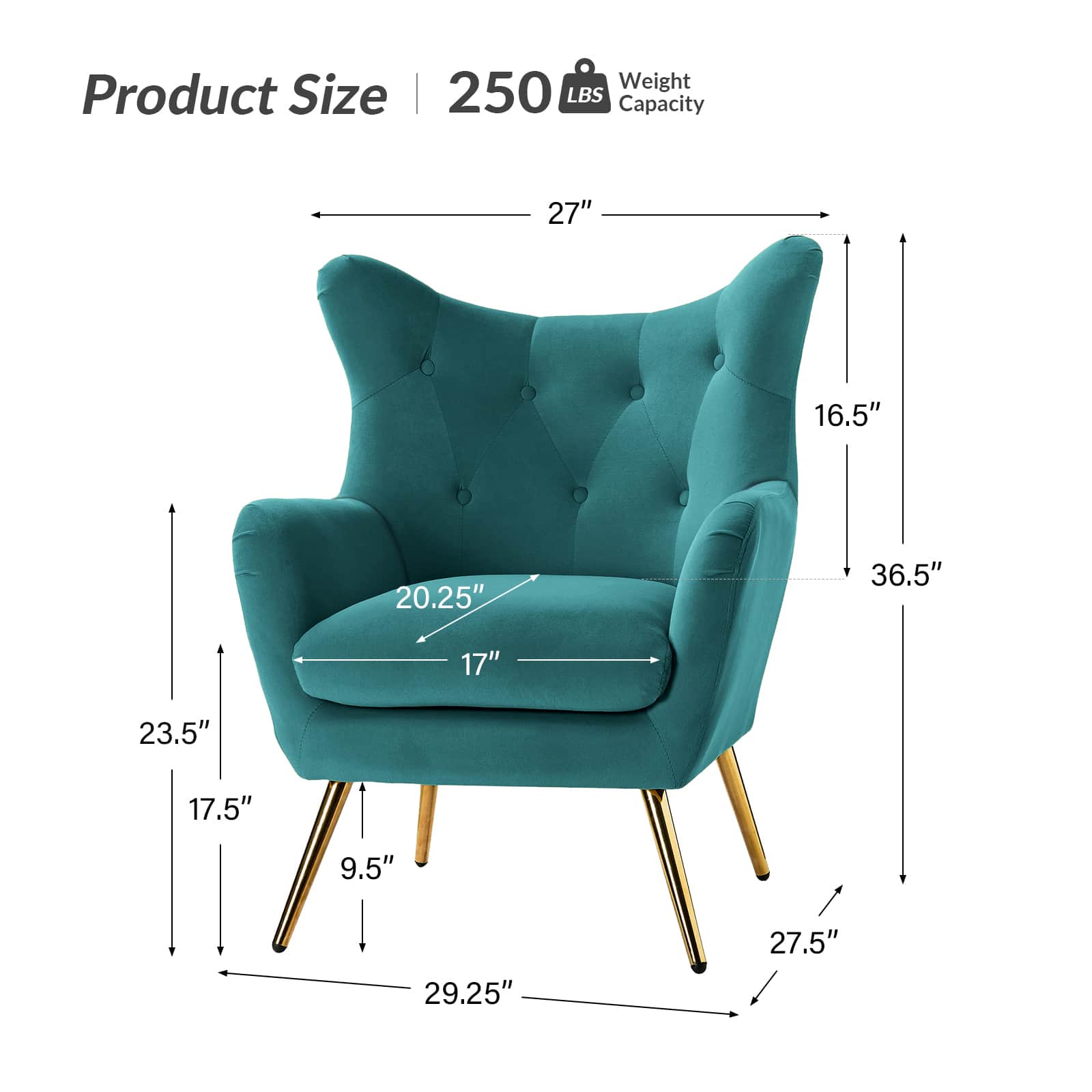 Fauteuil à oreilles en velours capitonné avec accoudoirs évasés, rembourrage en mousse et pieds en métal doré | Bleu marine / Orange / Moutarde / Sarcelle / Noir / Ivoire / Vert / Havane / Sauge / Bleu / Fuchsia | Siège unique
