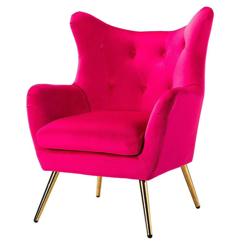 Fauteuil à oreilles en velours capitonné avec accoudoirs évasés, rembourrage en mousse et pieds en métal doré | Bleu marine / Orange / Moutarde / Sarcelle / Noir / Ivoire / Vert / Havane / Sauge / Bleu / Fuchsia | Siège unique