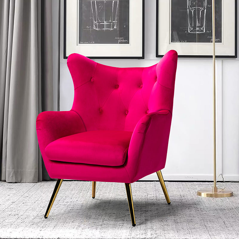 Fauteuil à oreilles en velours capitonné avec accoudoirs évasés, rembourrage en mousse et pieds en métal doré | Bleu marine / Orange / Moutarde / Sarcelle / Noir / Ivoire / Vert / Havane / Sauge / Bleu / Fuchsia | Siège unique