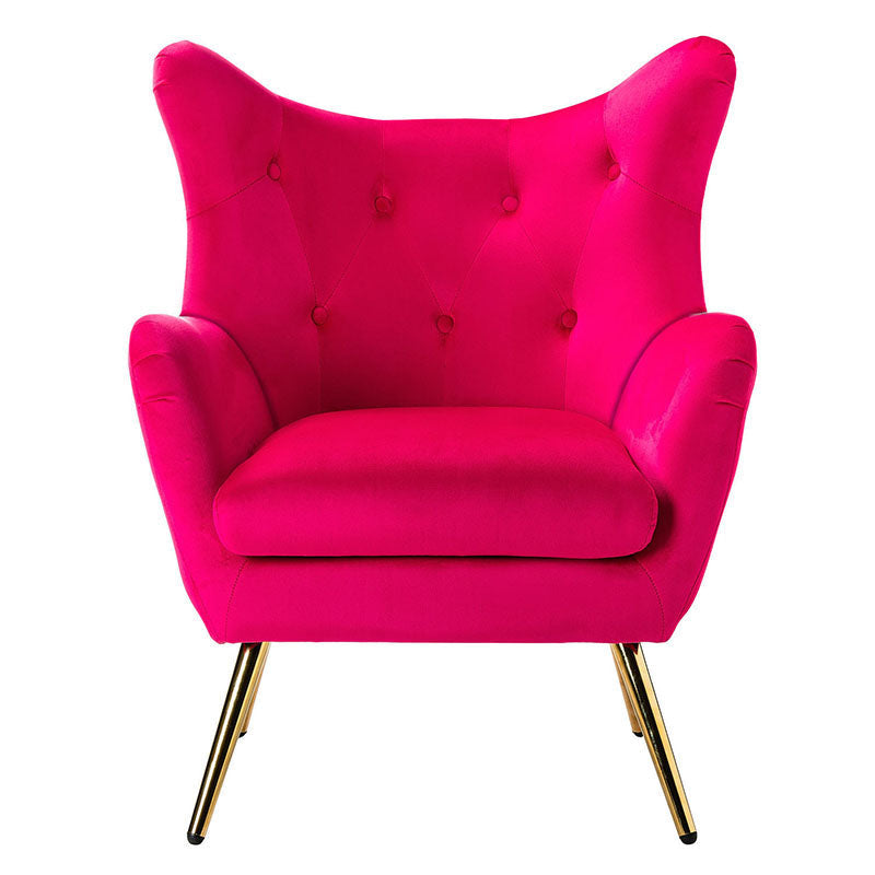 Fauteuil à oreilles en velours capitonné avec accoudoirs évasés, rembourrage en mousse et pieds en métal doré | Bleu marine / Orange / Moutarde / Sarcelle / Noir / Ivoire / Vert / Havane / Sauge / Bleu / Fuchsia | Siège unique