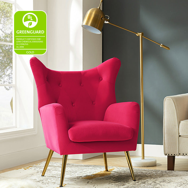 Fauteuil à oreilles en velours capitonné avec accoudoirs évasés, rembourrage en mousse et pieds en métal doré | Bleu marine / Orange / Moutarde / Sarcelle / Noir / Ivoire / Vert / Havane / Sauge / Bleu / Fuchsia | Siège unique