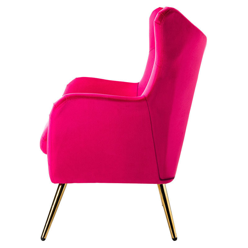 Fauteuil à oreilles en velours capitonné avec accoudoirs évasés, rembourrage en mousse et pieds en métal doré | Bleu marine / Orange / Moutarde / Sarcelle / Noir / Ivoire / Vert / Havane / Sauge / Bleu / Fuchsia | Siège unique