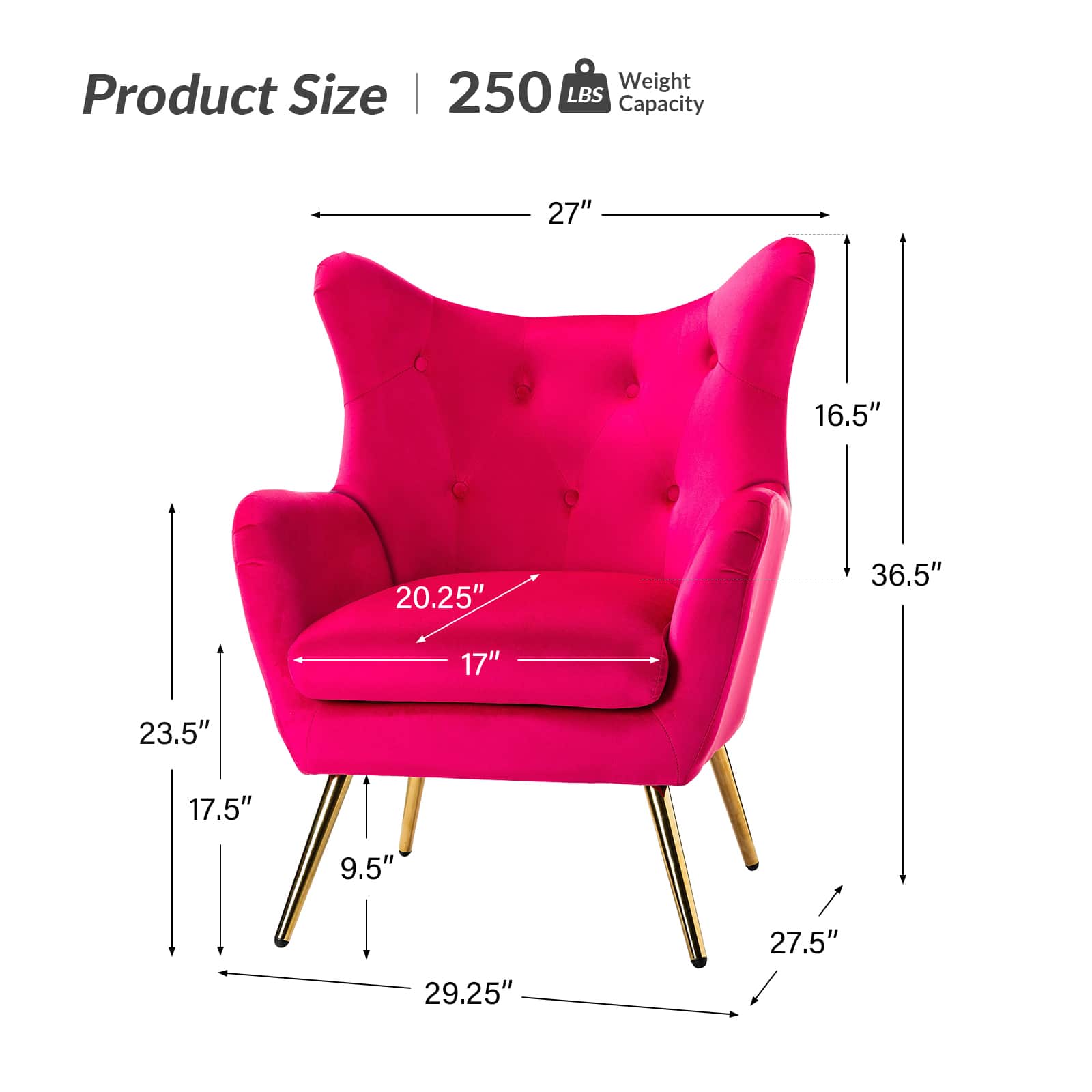 Fauteuil à oreilles en velours capitonné avec accoudoirs évasés, rembourrage en mousse et pieds en métal doré | Bleu marine / Orange / Moutarde / Sarcelle / Noir / Ivoire / Vert / Havane / Sauge / Bleu / Fuchsia | Siège unique