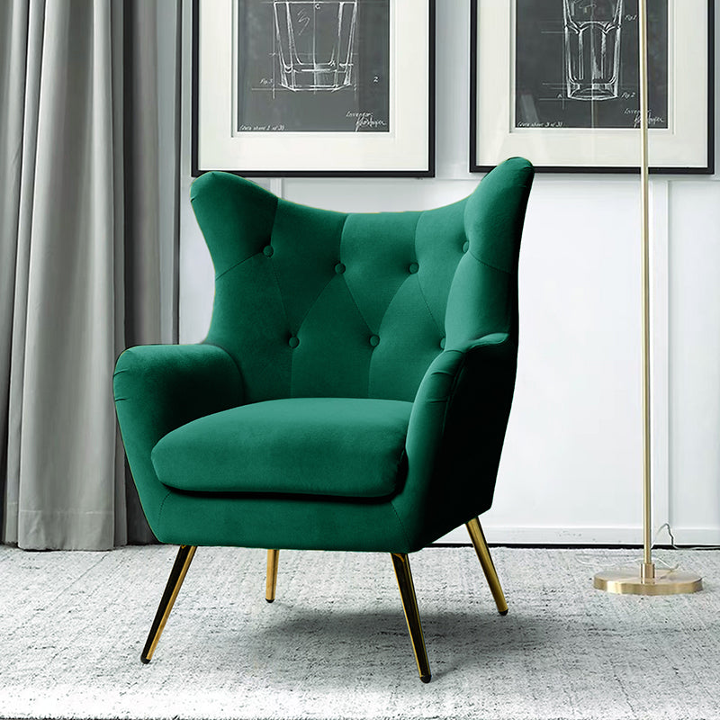 Fauteuil à oreilles en velours capitonné avec accoudoirs évasés, rembourrage en mousse et pieds en métal doré | Bleu marine / Orange / Moutarde / Sarcelle / Noir / Ivoire / Vert / Havane / Sauge / Bleu / Fuchsia | Siège unique