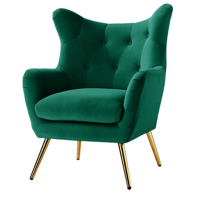 Fauteuil à oreilles en velours capitonné avec accoudoirs évasés, rembourrage en mousse et pieds en métal doré | Bleu marine / Orange / Moutarde / Sarcelle / Noir / Ivoire / Vert / Havane / Sauge / Bleu / Fuchsia | Siège unique
