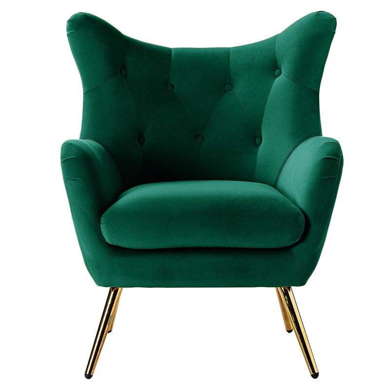 Fauteuil à oreilles en velours capitonné avec accoudoirs évasés, rembourrage en mousse et pieds en métal doré | Bleu marine / Orange / Moutarde / Sarcelle / Noir / Ivoire / Vert / Havane / Sauge / Bleu / Fuchsia | Siège unique