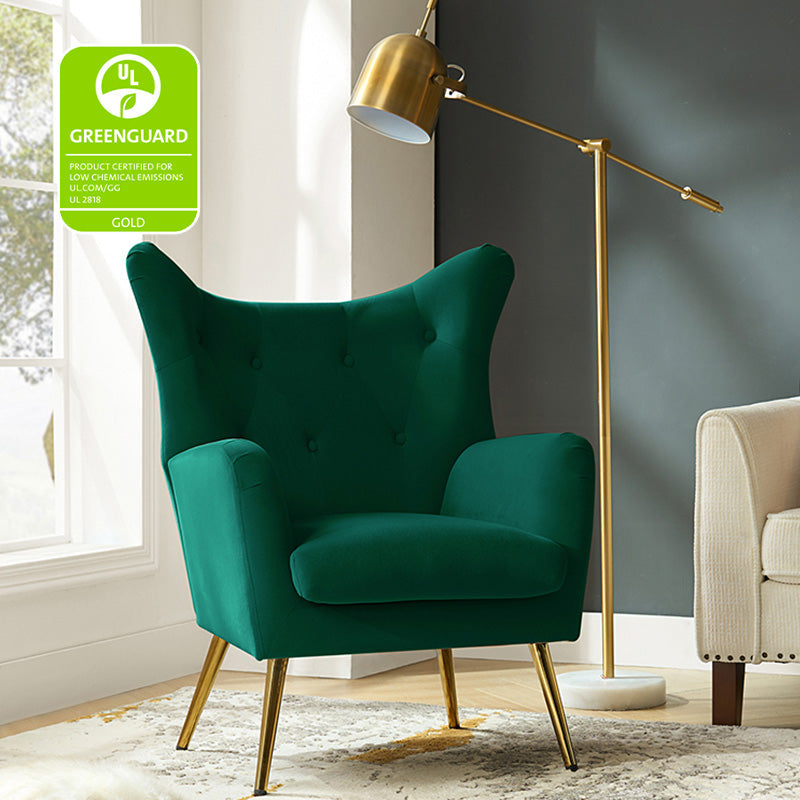 Fauteuil à oreilles en velours capitonné avec accoudoirs évasés, rembourrage en mousse et pieds en métal doré | Bleu marine / Orange / Moutarde / Sarcelle / Noir / Ivoire / Vert / Havane / Sauge / Bleu / Fuchsia | Siège unique
