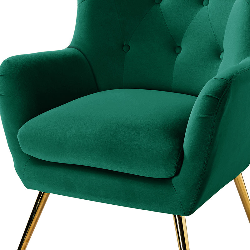 Fauteuil à oreilles en velours capitonné avec accoudoirs évasés, rembourrage en mousse et pieds en métal doré | Bleu marine / Orange / Moutarde / Sarcelle / Noir / Ivoire / Vert / Havane / Sauge / Bleu / Fuchsia | Siège unique