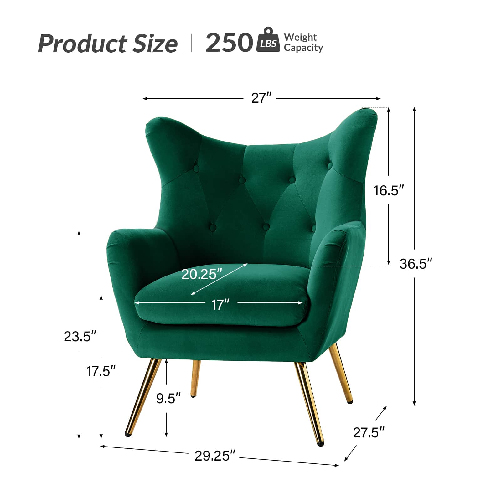 Fauteuil à oreilles en velours capitonné avec accoudoirs évasés, rembourrage en mousse et pieds en métal doré | Bleu marine / Orange / Moutarde / Sarcelle / Noir / Ivoire / Vert / Havane / Sauge / Bleu / Fuchsia | Siège unique