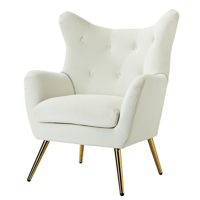 Fauteuil à oreilles en velours capitonné avec accoudoirs évasés, rembourrage en mousse et pieds en métal doré | Bleu marine / Orange / Moutarde / Sarcelle / Noir / Ivoire / Vert / Havane / Sauge / Bleu / Fuchsia | Siège unique