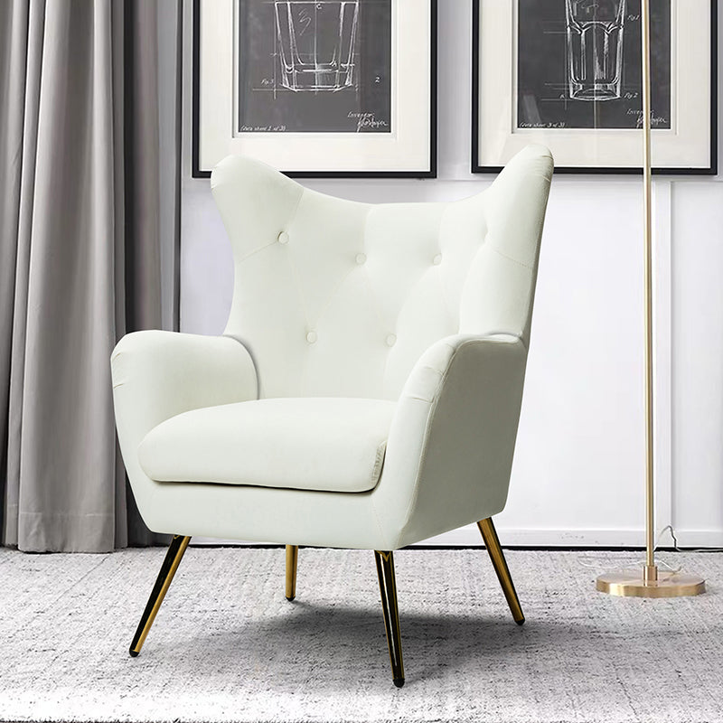 Fauteuil à oreilles en velours capitonné avec accoudoirs évasés, rembourrage en mousse et pieds en métal doré | Bleu marine / Orange / Moutarde / Sarcelle / Noir / Ivoire / Vert / Havane / Sauge / Bleu / Fuchsia | Siège unique