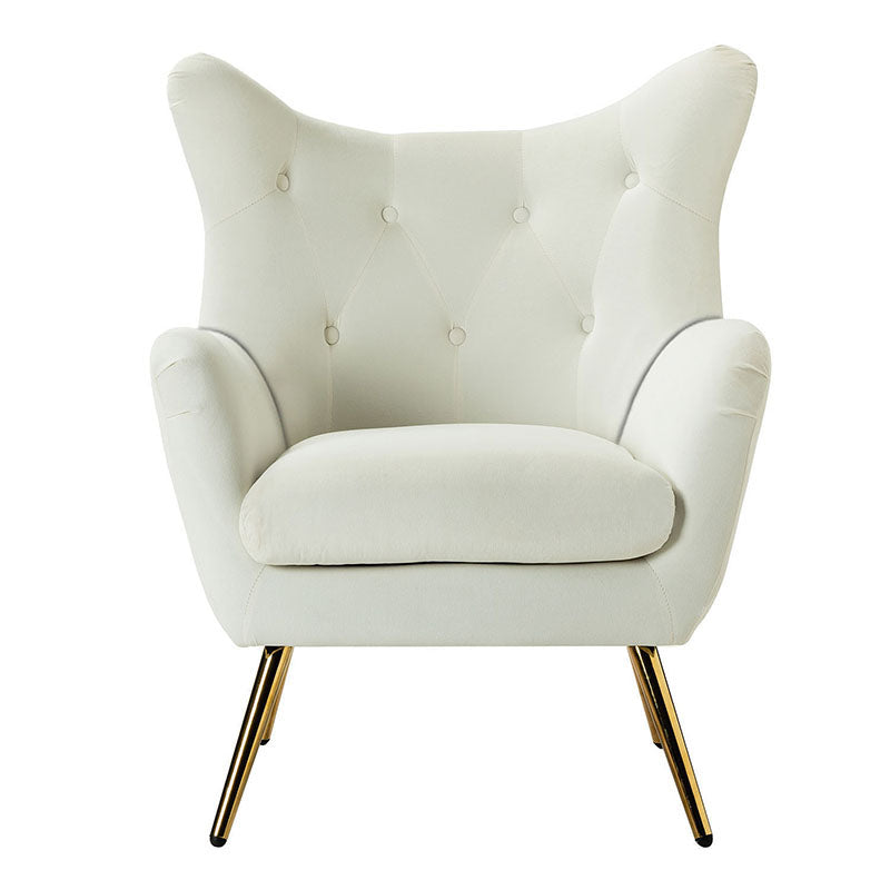 Fauteuil à oreilles en velours capitonné avec accoudoirs évasés, rembourrage en mousse et pieds en métal doré | Bleu marine / Orange / Moutarde / Sarcelle / Noir / Ivoire / Vert / Havane / Sauge / Bleu / Fuchsia | Siège unique