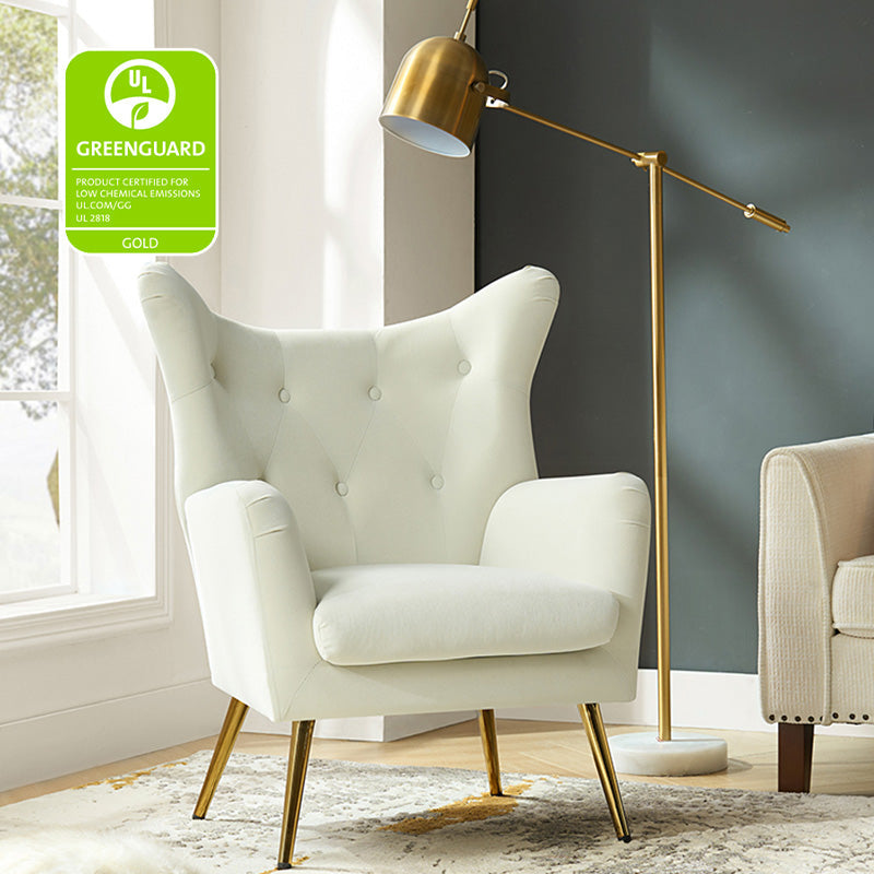 Fauteuil à oreilles en velours capitonné avec accoudoirs évasés, rembourrage en mousse et pieds en métal doré | Bleu marine / Orange / Moutarde / Sarcelle / Noir / Ivoire / Vert / Havane / Sauge / Bleu / Fuchsia | Siège unique