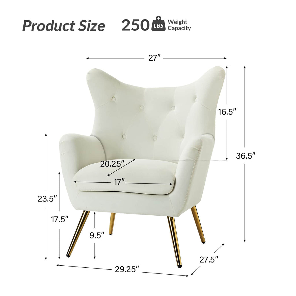 Fauteuil à oreilles en velours capitonné avec accoudoirs évasés, rembourrage en mousse et pieds en métal doré | Bleu marine / Orange / Moutarde / Sarcelle / Noir / Ivoire / Vert / Havane / Sauge / Bleu / Fuchsia | Siège unique