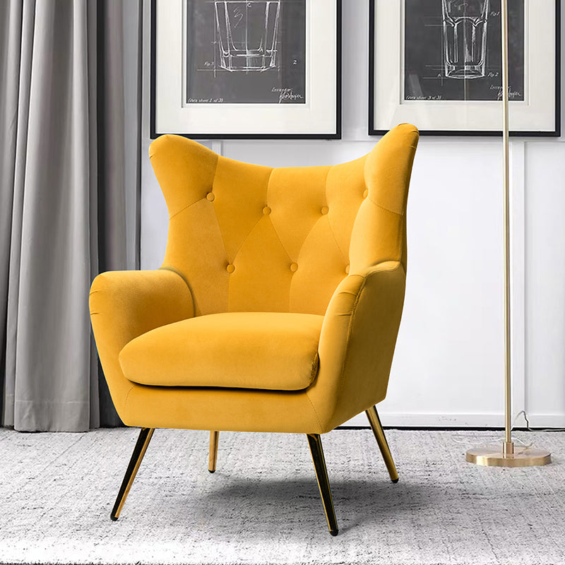 Fauteuil à oreilles en velours capitonné avec accoudoirs évasés, rembourrage en mousse et pieds en métal doré | Bleu marine / Orange / Moutarde / Sarcelle / Noir / Ivoire / Vert / Havane / Sauge / Bleu / Fuchsia | Siège unique