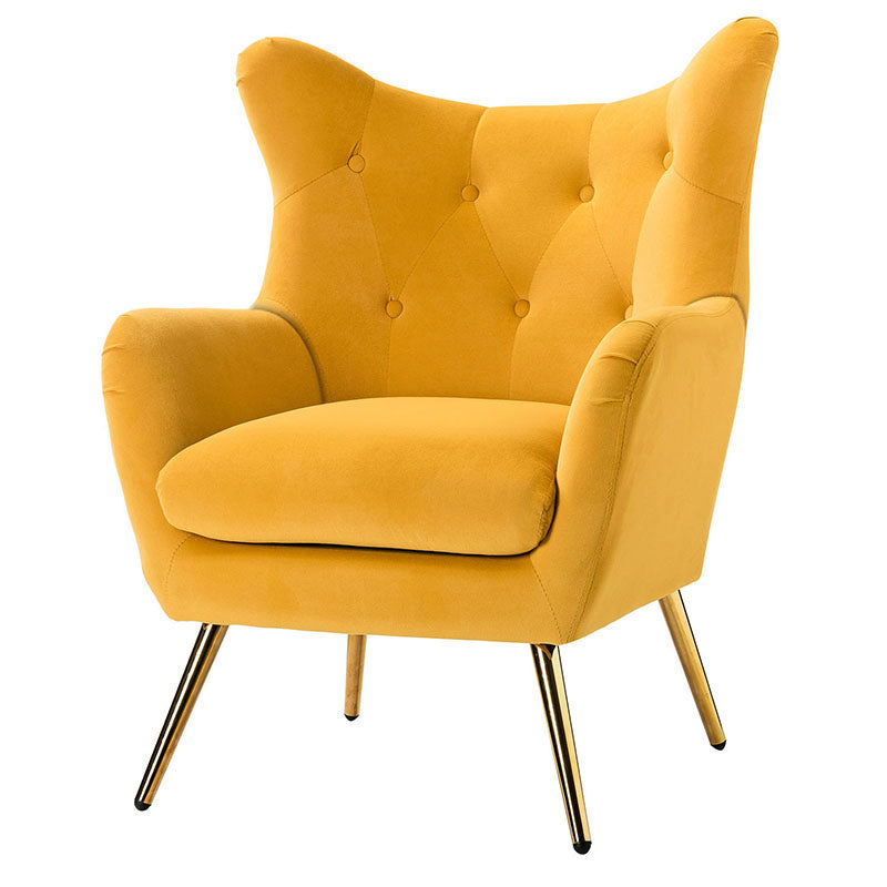 Fauteuil à oreilles en velours capitonné avec accoudoirs évasés, rembourrage en mousse et pieds en métal doré | Bleu marine / Orange / Moutarde / Sarcelle / Noir / Ivoire / Vert / Havane / Sauge / Bleu / Fuchsia | Siège unique