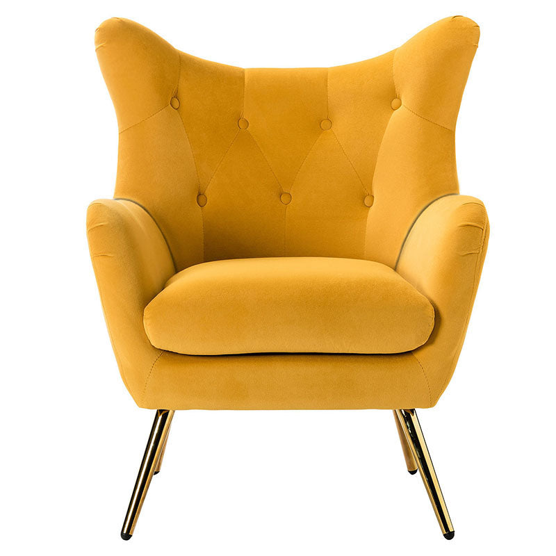 Fauteuil à oreilles en velours capitonné avec accoudoirs évasés, rembourrage en mousse et pieds en métal doré | Bleu marine / Orange / Moutarde / Sarcelle / Noir / Ivoire / Vert / Havane / Sauge / Bleu / Fuchsia | Siège unique