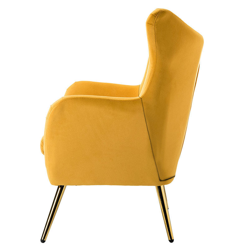 Fauteuil à oreilles en velours capitonné avec accoudoirs évasés, rembourrage en mousse et pieds en métal doré | Bleu marine / Orange / Moutarde / Sarcelle / Noir / Ivoire / Vert / Havane / Sauge / Bleu / Fuchsia | Siège unique