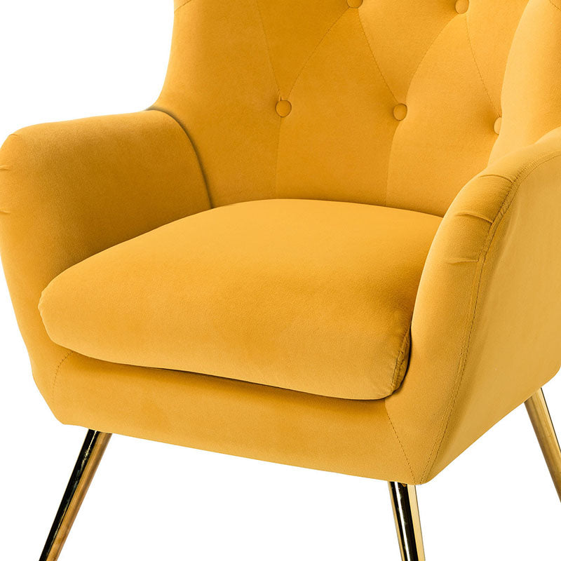 Fauteuil à oreilles en velours capitonné avec accoudoirs évasés, rembourrage en mousse et pieds en métal doré | Bleu marine / Orange / Moutarde / Sarcelle / Noir / Ivoire / Vert / Havane / Sauge / Bleu / Fuchsia | Siège unique