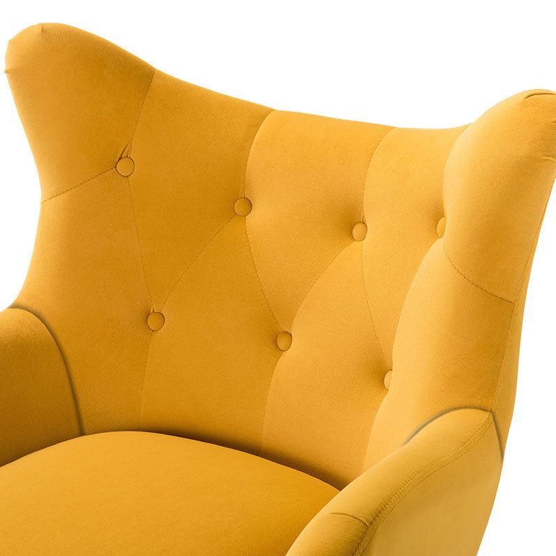 Fauteuil à oreilles en velours capitonné avec accoudoirs évasés, rembourrage en mousse et pieds en métal doré | Bleu marine / Orange / Moutarde / Sarcelle / Noir / Ivoire / Vert / Havane / Sauge / Bleu / Fuchsia | Siège unique