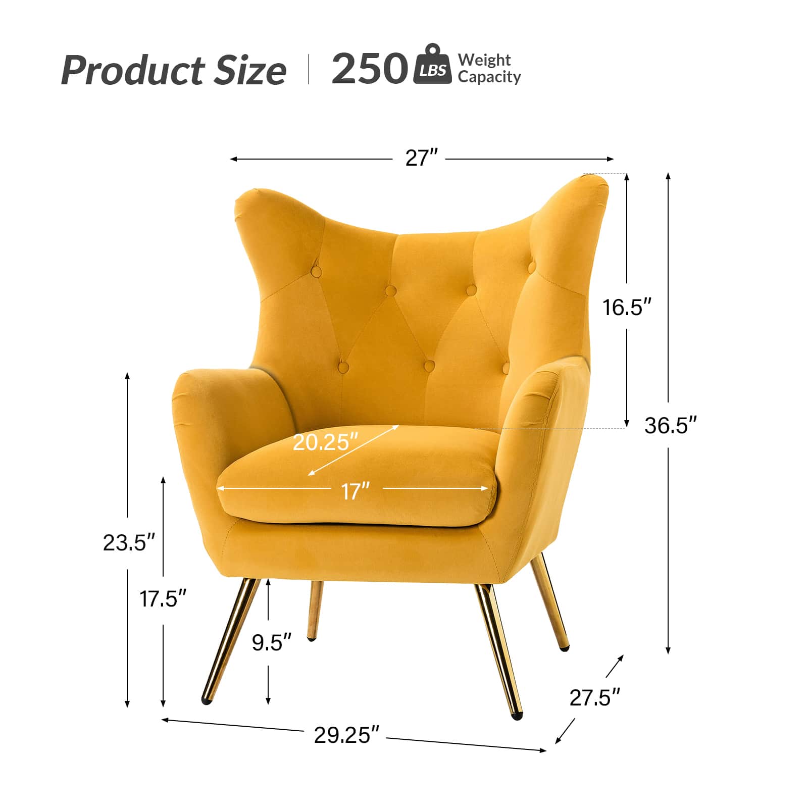 Fauteuil à oreilles en velours capitonné avec accoudoirs évasés, rembourrage en mousse et pieds en métal doré | Bleu marine / Orange / Moutarde / Sarcelle / Noir / Ivoire / Vert / Havane / Sauge / Bleu / Fuchsia | Siège unique