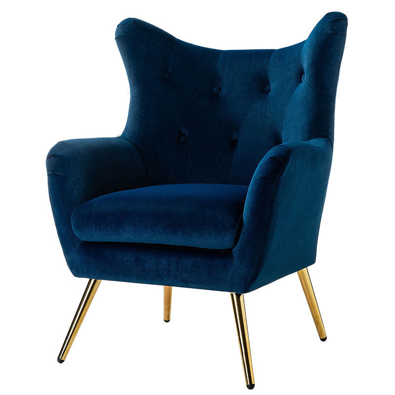Fauteuil à oreilles en velours capitonné avec accoudoirs évasés, rembourrage en mousse et pieds en métal doré | Bleu marine / Orange / Moutarde / Sarcelle / Noir / Ivoire / Vert / Havane / Sauge / Bleu / Fuchsia | Siège unique