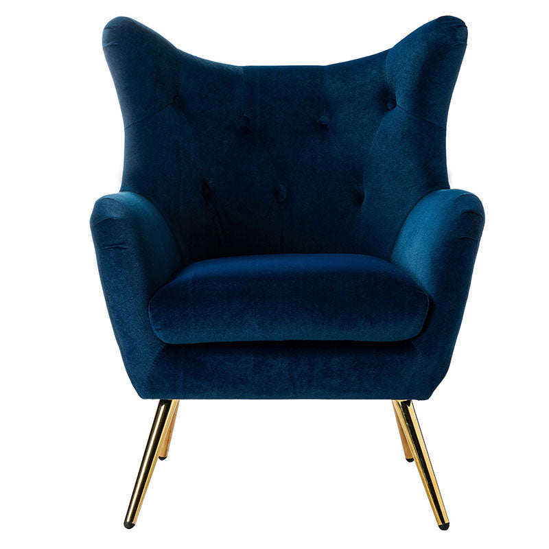 Fauteuil à oreilles en velours capitonné avec accoudoirs évasés, rembourrage en mousse et pieds en métal doré | Bleu marine / Orange / Moutarde / Sarcelle / Noir / Ivoire / Vert / Havane / Sauge / Bleu / Fuchsia | Siège unique