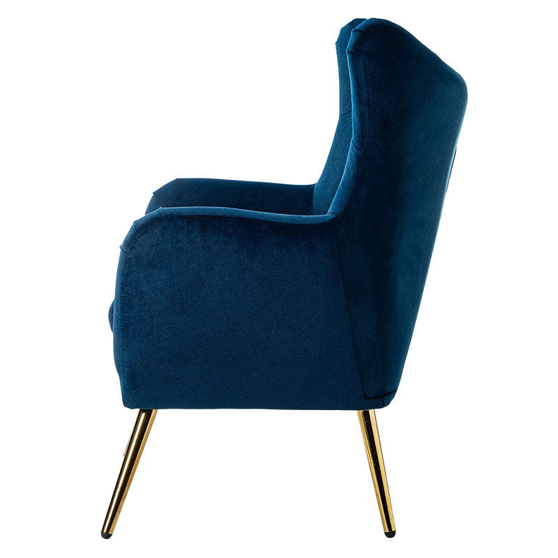 Fauteuil à oreilles en velours capitonné avec accoudoirs évasés, rembourrage en mousse et pieds en métal doré | Bleu marine / Orange / Moutarde / Sarcelle / Noir / Ivoire / Vert / Havane / Sauge / Bleu / Fuchsia | Siège unique
