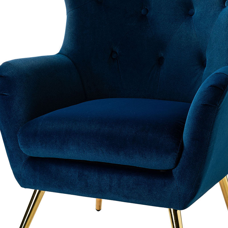Fauteuil à oreilles en velours capitonné avec accoudoirs évasés, rembourrage en mousse et pieds en métal doré | Bleu marine / Orange / Moutarde / Sarcelle / Noir / Ivoire / Vert / Havane / Sauge / Bleu / Fuchsia | Siège unique