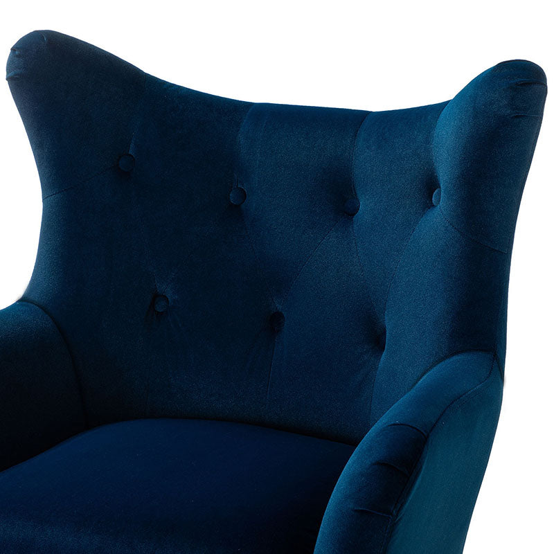 Fauteuil à oreilles en velours capitonné avec accoudoirs évasés, rembourrage en mousse et pieds en métal doré | Bleu marine / Orange / Moutarde / Sarcelle / Noir / Ivoire / Vert / Havane / Sauge / Bleu / Fuchsia | Siège unique