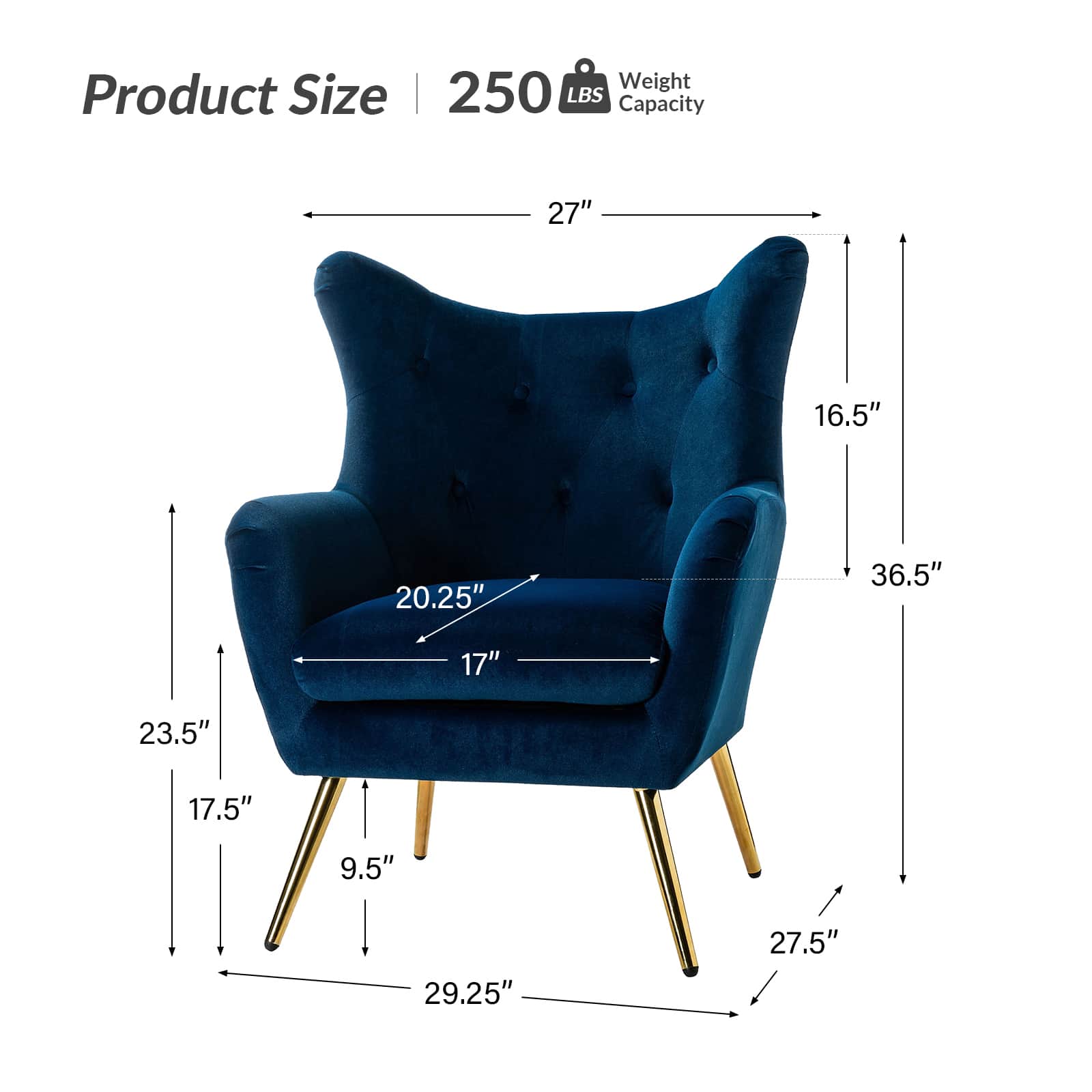 Fauteuil à oreilles en velours capitonné avec accoudoirs évasés, rembourrage en mousse et pieds en métal doré | Bleu marine / Orange / Moutarde / Sarcelle / Noir / Ivoire / Vert / Havane / Sauge / Bleu / Fuchsia | Siège unique