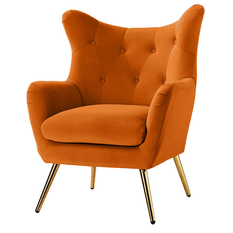 Fauteuil à oreilles en velours capitonné avec accoudoirs évasés, rembourrage en mousse et pieds en métal doré | Bleu marine / Orange / Moutarde / Sarcelle / Noir / Ivoire / Vert / Havane / Sauge / Bleu / Fuchsia | Siège unique