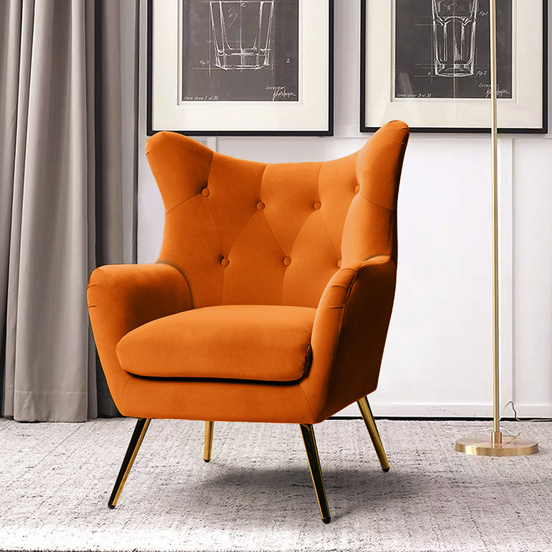 Fauteuil à oreilles en velours capitonné avec accoudoirs évasés, rembourrage en mousse et pieds en métal doré | Bleu marine / Orange / Moutarde / Sarcelle / Noir / Ivoire / Vert / Havane / Sauge / Bleu / Fuchsia | Siège unique