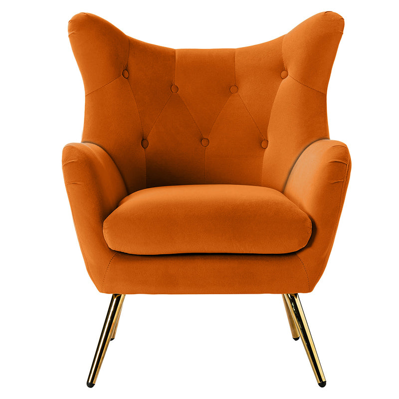 Fauteuil à oreilles en velours capitonné avec accoudoirs évasés, rembourrage en mousse et pieds en métal doré | Bleu marine / Orange / Moutarde / Sarcelle / Noir / Ivoire / Vert / Havane / Sauge / Bleu / Fuchsia | Siège unique